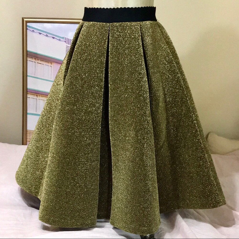English Factory Gold Pleated Midi Skirt NWT